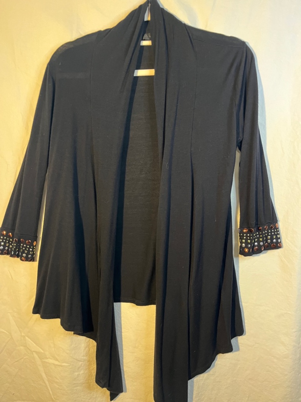 JM Fleurette  Open Front Draped Cardigan with Beaded Cuffs L